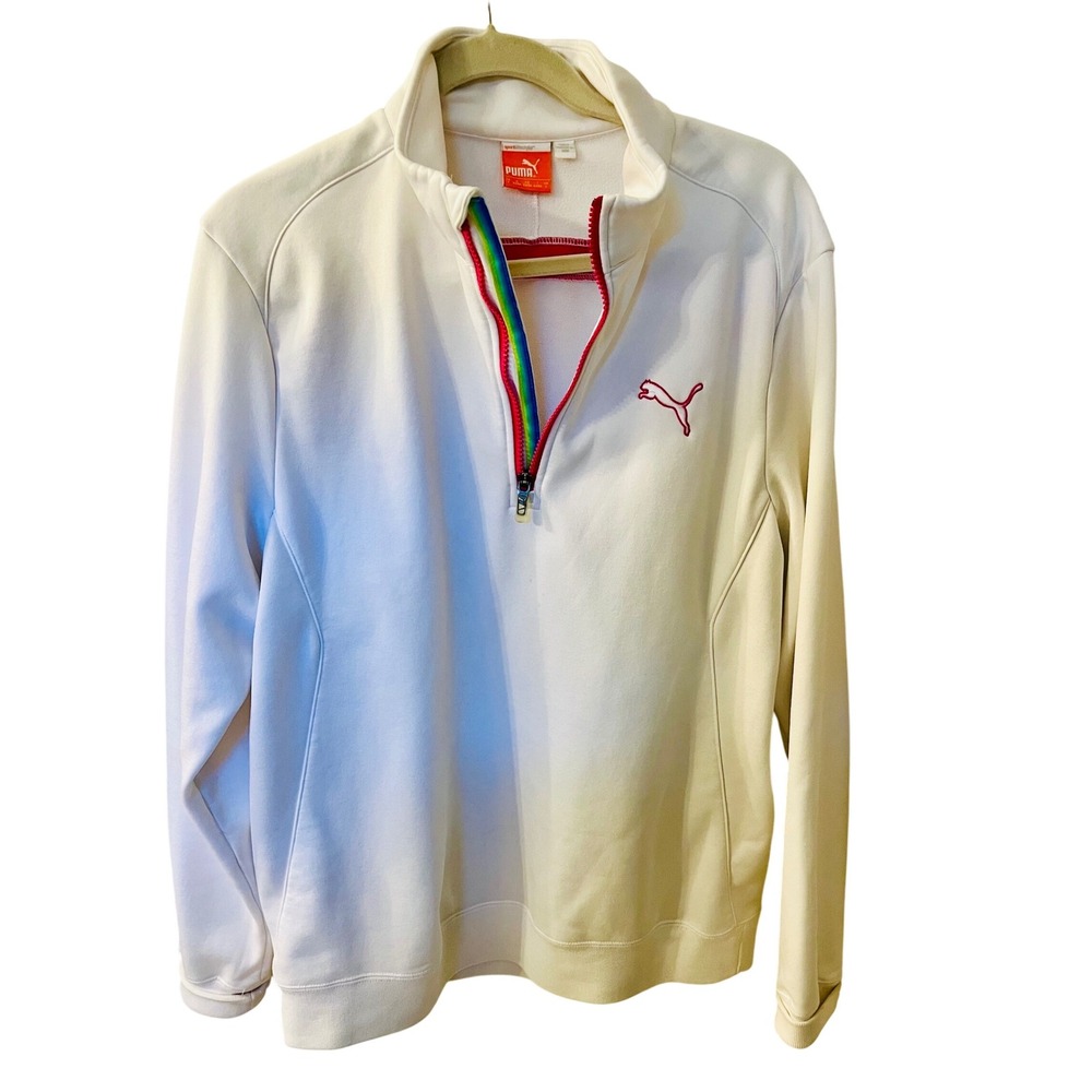 Puma Sport Lifestyle White Pullover Jacket Half Zip Mock Neck Rainbow Accents